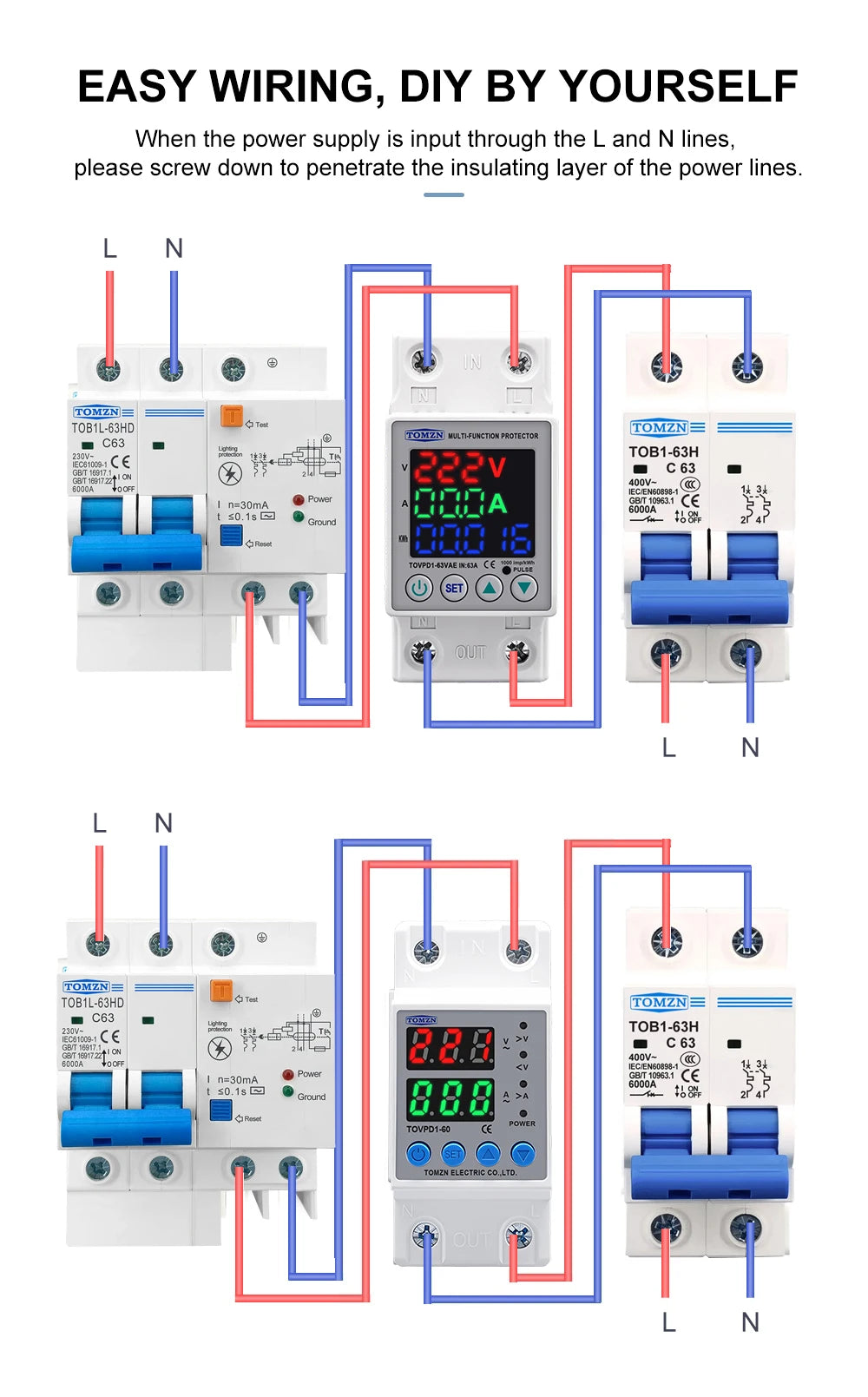 DIN Rail Dual Display Adjustable Over Voltage Current And Under Voltage Protective Device Protector Relay 40A 63A 80A 220V 230V