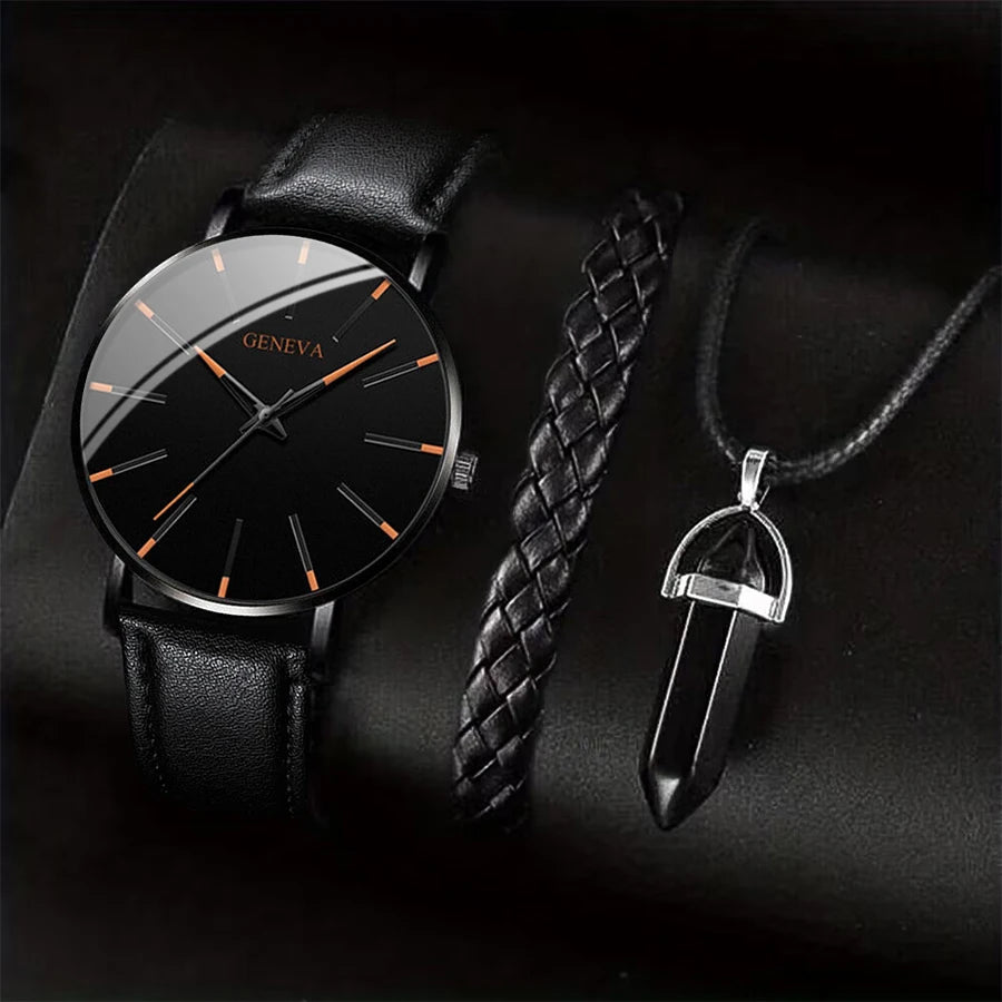 3-teiliges Set Herren Business Uhren Lässiges Lederarmband Analog Quarz Armbanduhr Herren Halskette Armband Set