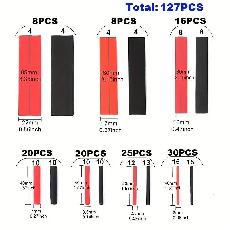 Kit de 127 gaines thermorétractables noires et rouges 2:1, assortiment de tubes en polyoléfine, manchons de câbles de voiture, kit de fils enveloppants