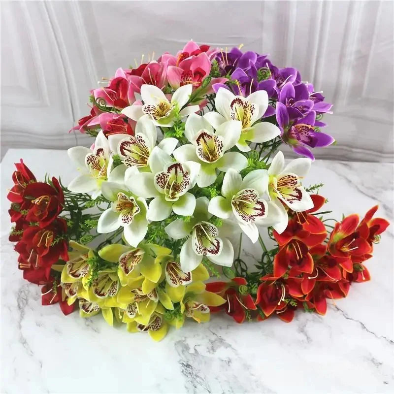 10Pcs White Silk Orchid Bouquet, Faux Flowers for DIY Wedding Decor, Table & Vase Decoration