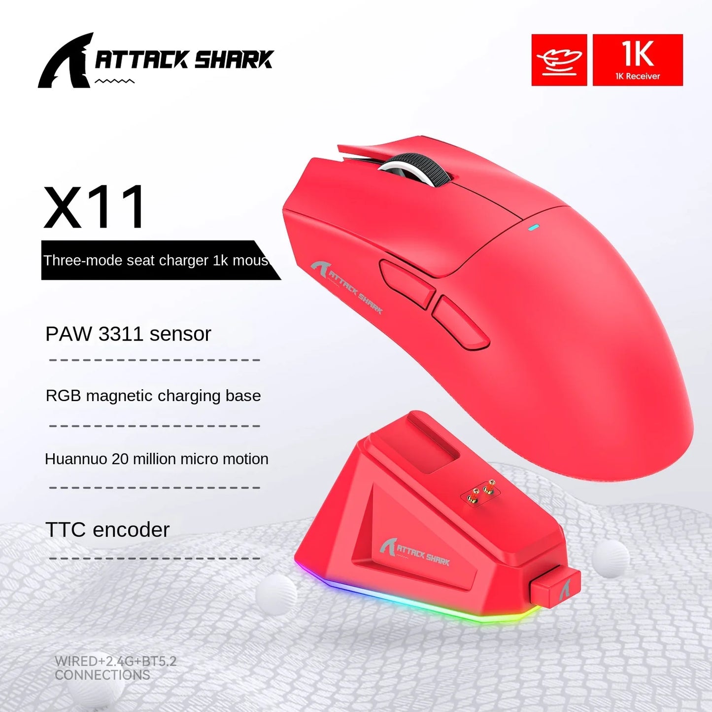 Attack Shark X11 Wireless Bluetooth Triple Mode Mouse Touch Screen Magnetic Charging Dock Ultra Light Macro Gaming Mouse