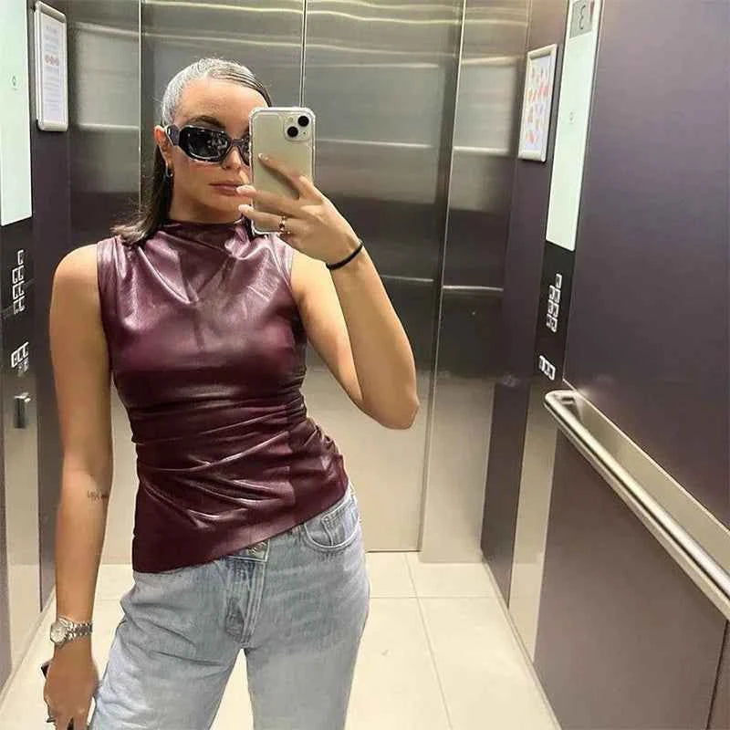 Burgundy Leather Tops Women Fashion Ruched Bodycon Crop Top Summer Sexy Sleeveless Irregular Night Club Party Tanks 2024 Black