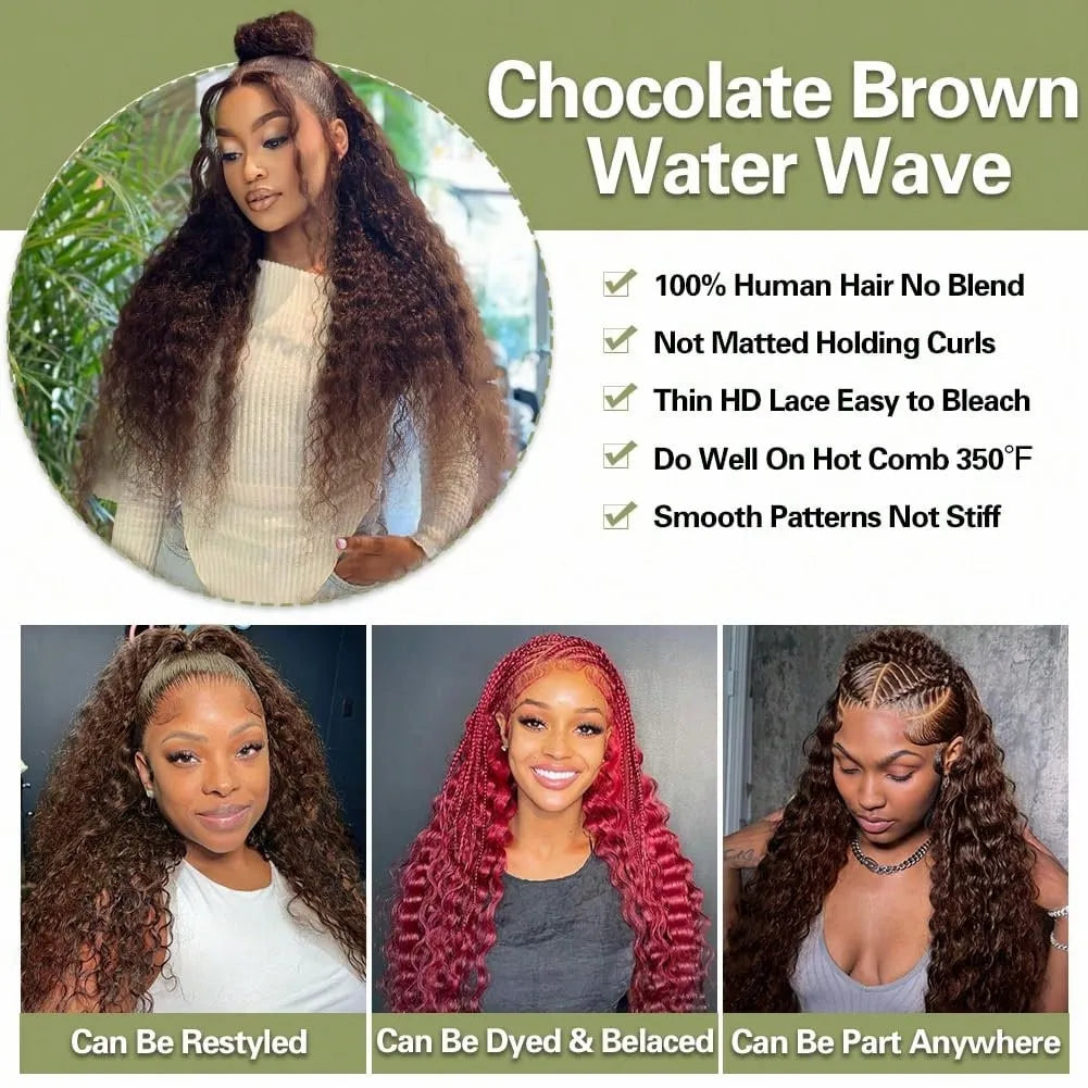 Schokobraune Deep Wave 13x6 Lace Front Perücke Echthaar Wasserwelle 250% Dichte Lockige Perücke Echthaar Braune Perücken Vorgezupft