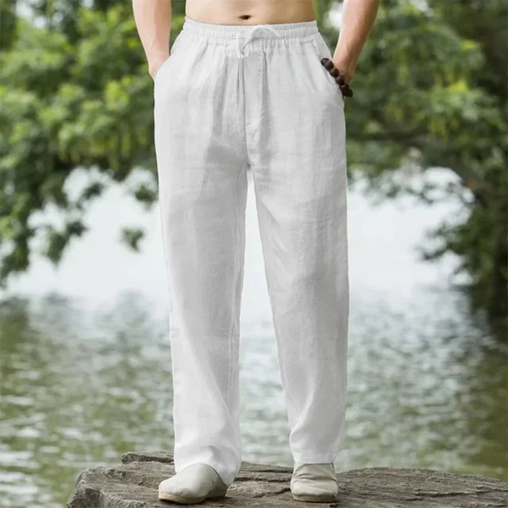 2025 summer men's cotton and linen oversized wide leg pants, men's artistic style elastic waist solid color casual loose pants