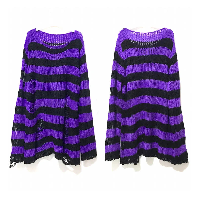 Nouveau Pull Long Unisexe Punk Gothique Été Femme Rayé Cool Creux Trou Cassé Pull Ample Rock Fin Sombre Streetwear Top