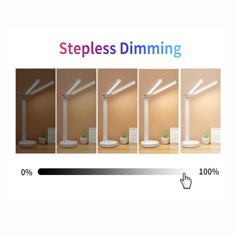 LED Table Lamp Double-Headed USB Chargeable Dimmable Desk Lamp with Calendar Clock Foldable Eye Protection Reading Night Light