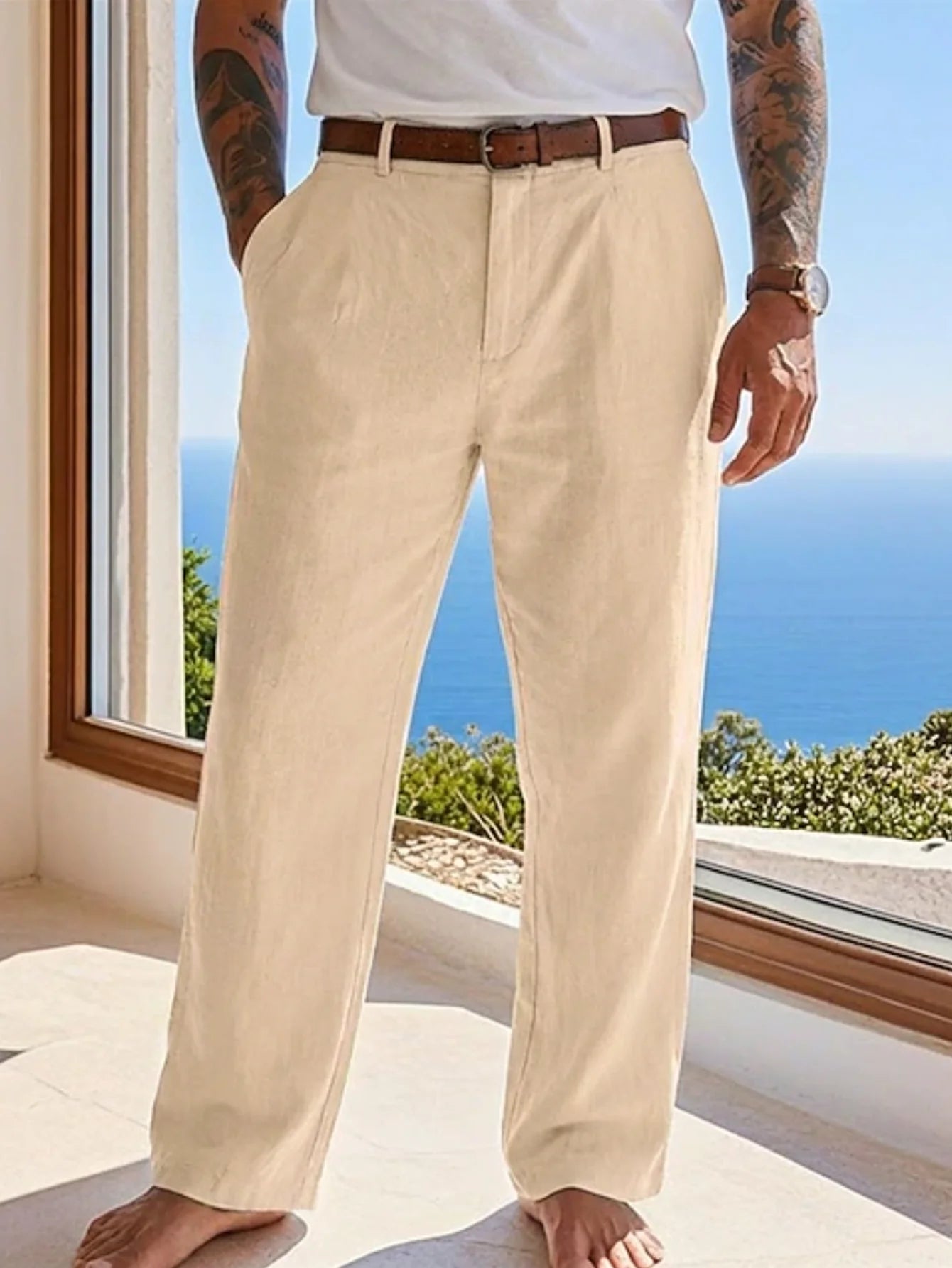 2025 summer men's cotton and linen oversized wide leg pants, men's artistic style elastic waist solid color casual loose pants