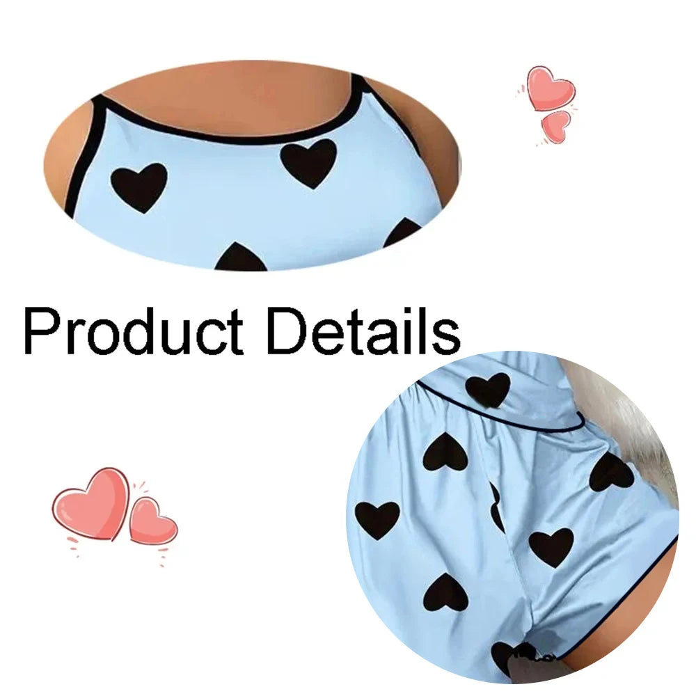 Ensemble de pyjama pour femme Pyjama T-shirts Shorts Imprimé cœur rose T-shirt à col rond Haut en soie glacée Confortable Décontracté Été