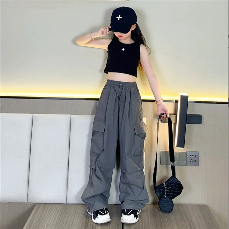 Girls Loose Joggers Pants Teen Casual Straight Cargo Trousers Fashion Children Pockets Design Streetwear Big Kids Pants 5-14 Yea