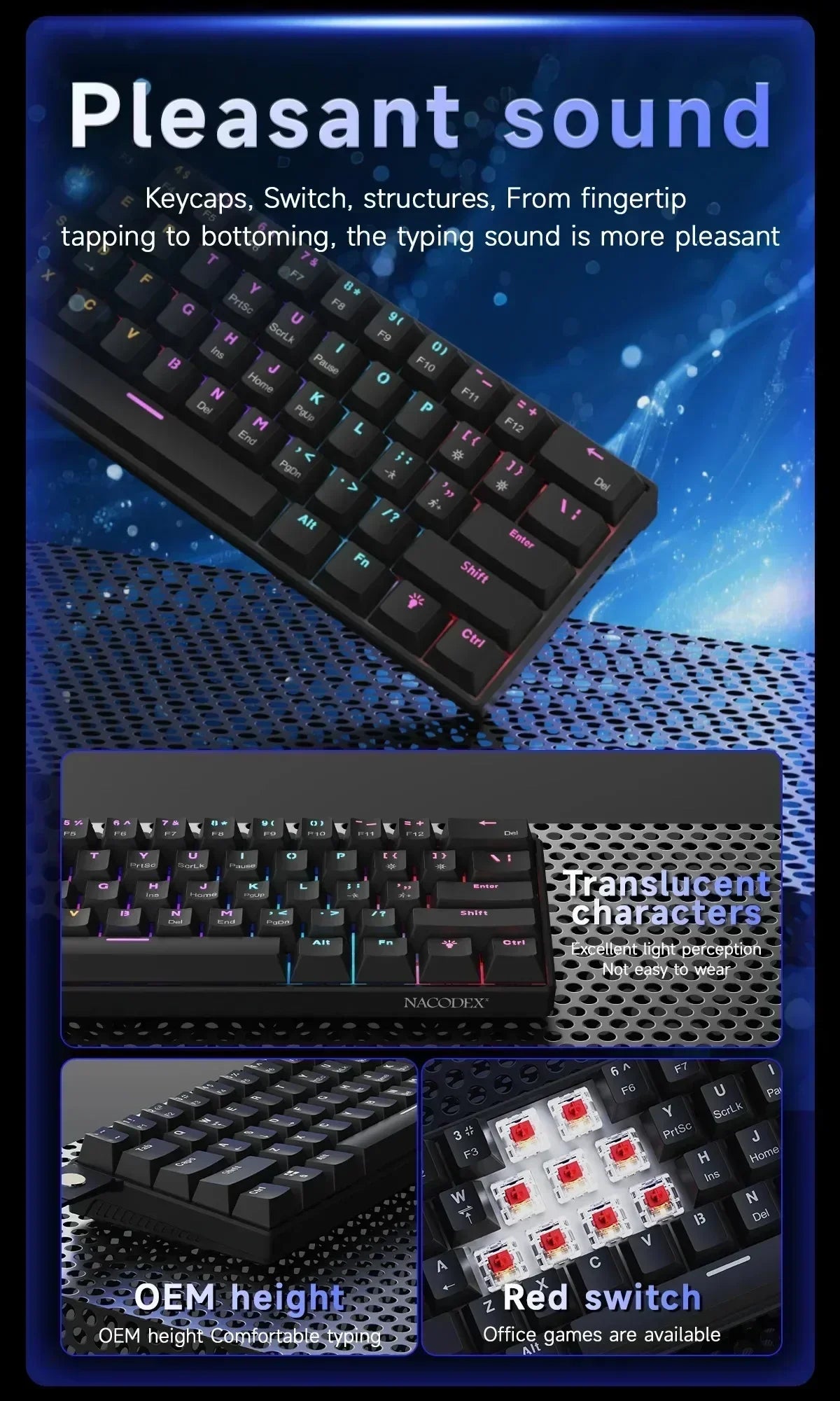 AJAZZ NK61 Wired Mechanical Keyboard 61 Keys 60% Compact  Hot Swappable Red Switch RGB Backlit Portable for Gaming Laptop Gamer