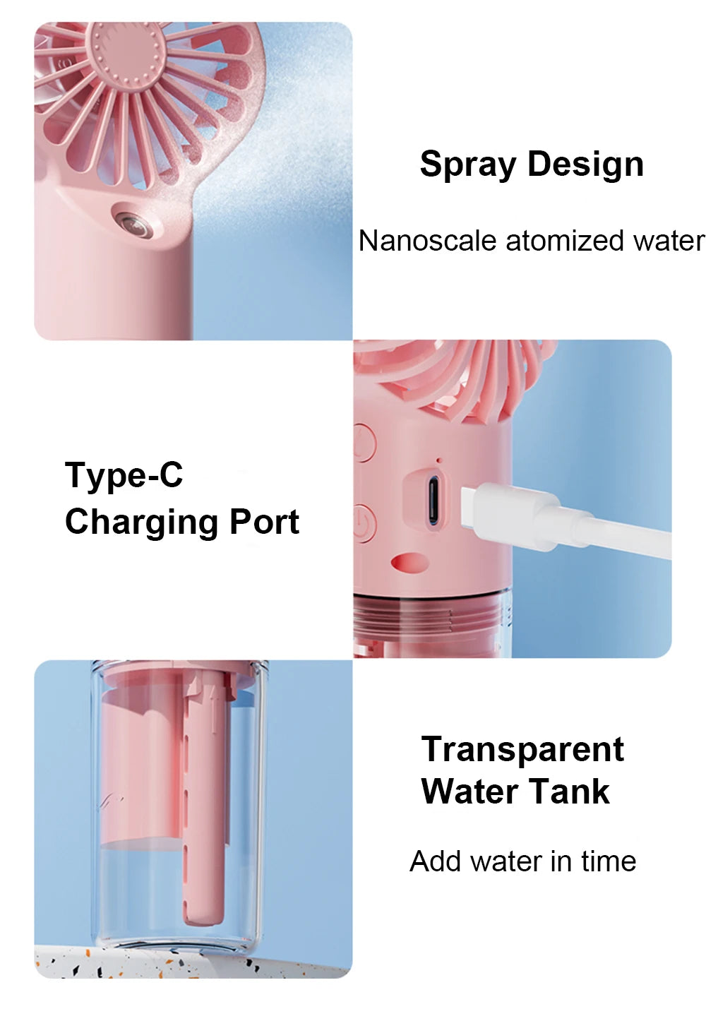 Portable Handheld Spray Fan Mini Humidifier Fan 4 Speeds Powerful Wind USB Rechargeable Water Spray Mist Fan Outdoor Small Fan