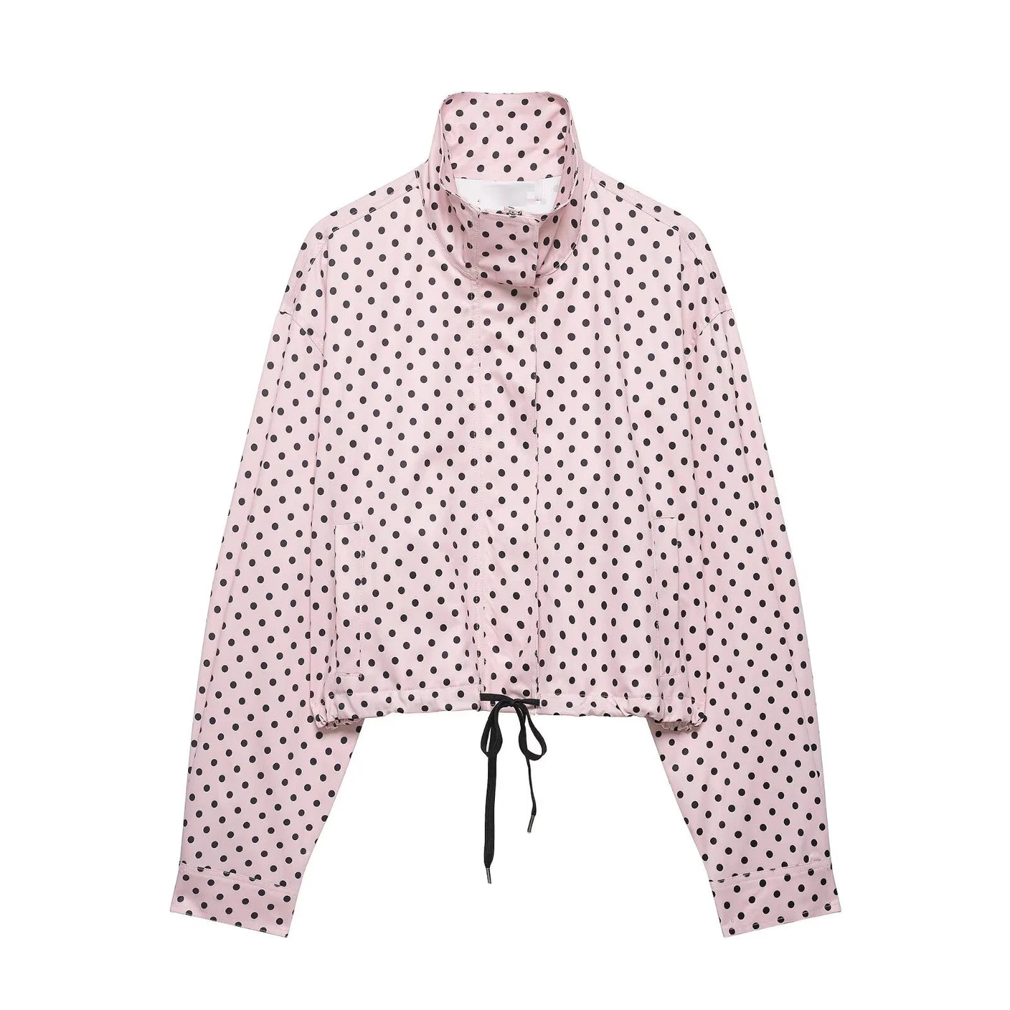HH Fashion Women's Polka Dot Print Short Coats Autumn Long Sleeves Turtleneck Zipper With Pockets Drawstring Casual Jacket
