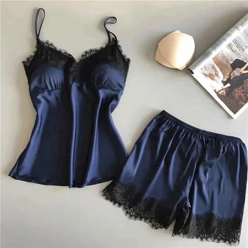 Women Halter Pajamas  Camisole Shorts Home Wear Red Black Sexy Lace Ventilate Classic Summer Thin Pajamas Without Chest Cushion
