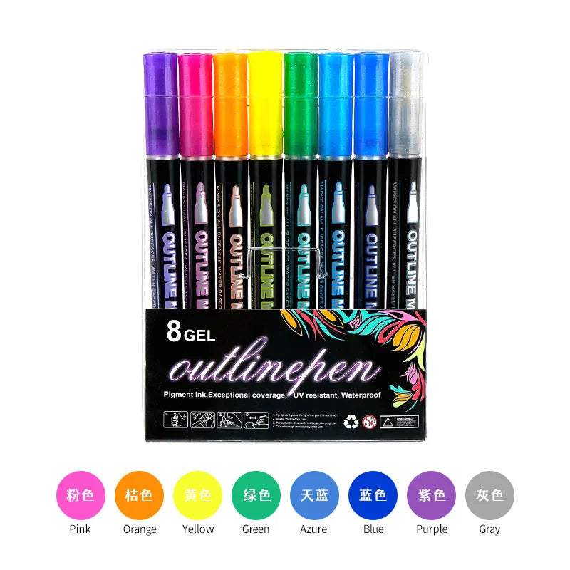 8/12/24 Colors Double Line Outline Pens, Self-Outline Metallic Markers Glitter Writing Drawing Pens For Christmas Card Writing