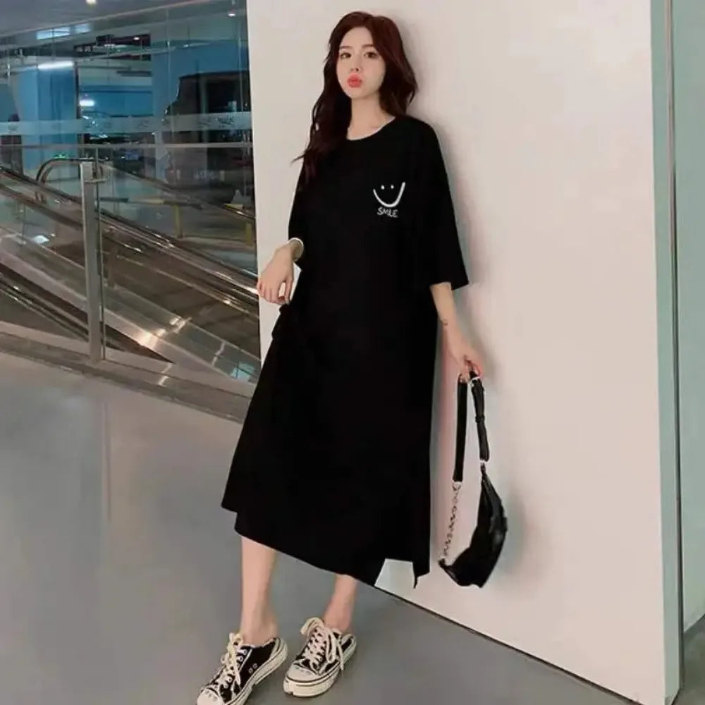 Women's Summer Loose T-shirt Dress Mid-Length Short Sleeve Casual Fashion Over-Knee Casual Dress