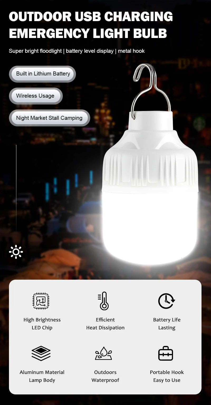 Outdoor USB Rechargeable LED Lamp Bulbs Super Bright Emergency Light with Hook Portable Camping Fishing Lantern Night Lights
