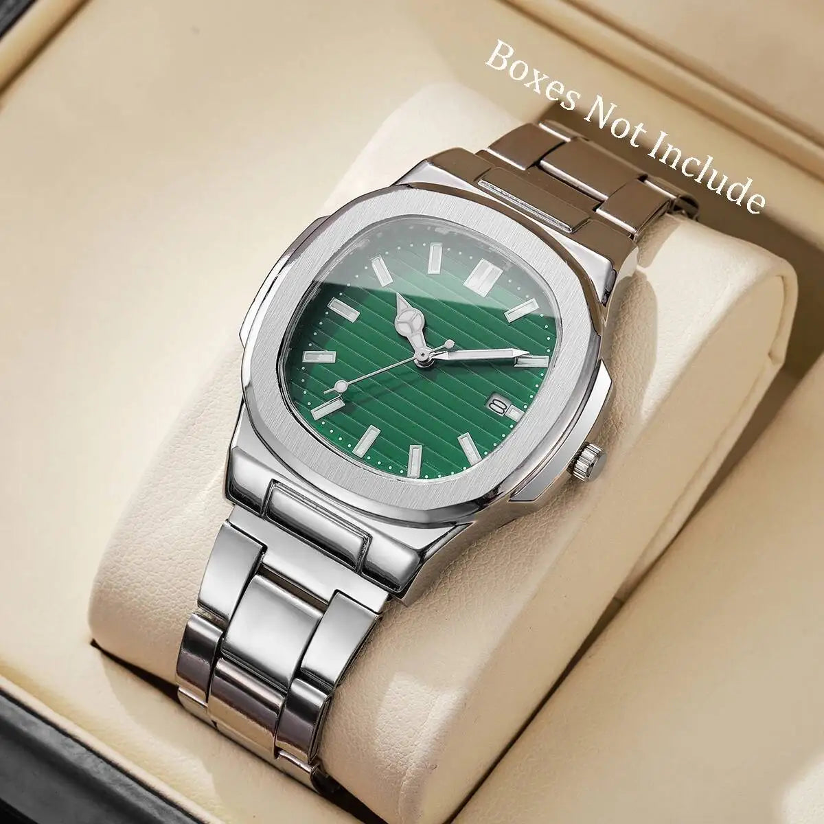 Luxus Herren Business Uhren Mode Quadratisches Zifferblatt Edelstahlarmband Quarzuhr mit Kalender für Herrenuhr (Ohne Box)