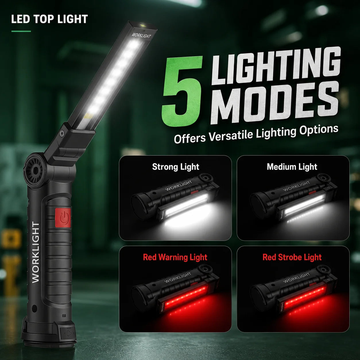 Rechargeable LED COB Work Light USB Magnetic Inspection Torch with Hook Dimmable Flashlight for Car Repair Camping 18650