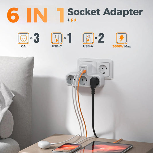 TESSAN EU Plug Power Strip with 3 AC Outlets +2 USB Ports+ 1 Type C, 6-in-1 Plug Socket Adapter Wall Charger for Home Office