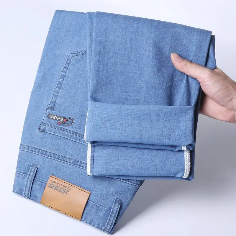 Summer Thin Classic Style Men Brand Jeans Business Casual Stretch Straight Denim Pants Light Blue Black Trousers Male - Shoppiline
