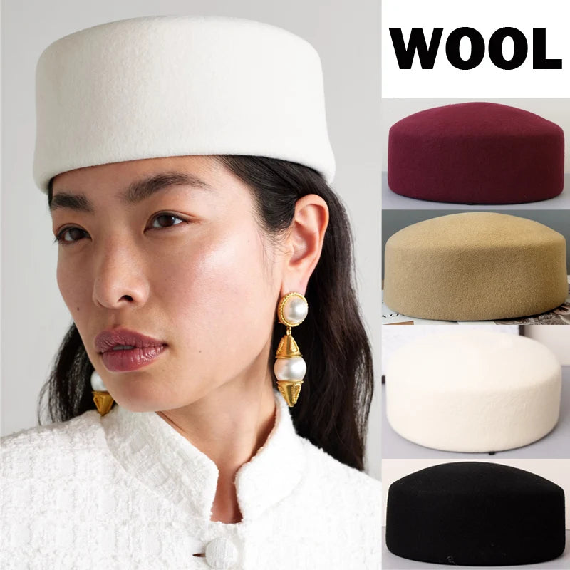 Vintage Hard Top Flat Fedoras Hats Women 100% Wool Felt Berets Hat Wedding Fascinator Caps Wedding Cocktail Party Pillbox Hat