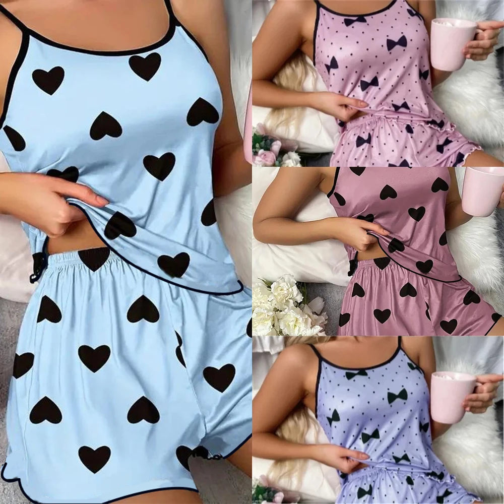 Ensemble de pyjama pour femme Pyjama T-shirts Shorts Imprimé cœur rose T-shirt à col rond Haut en soie glacée Confortable Décontracté Été