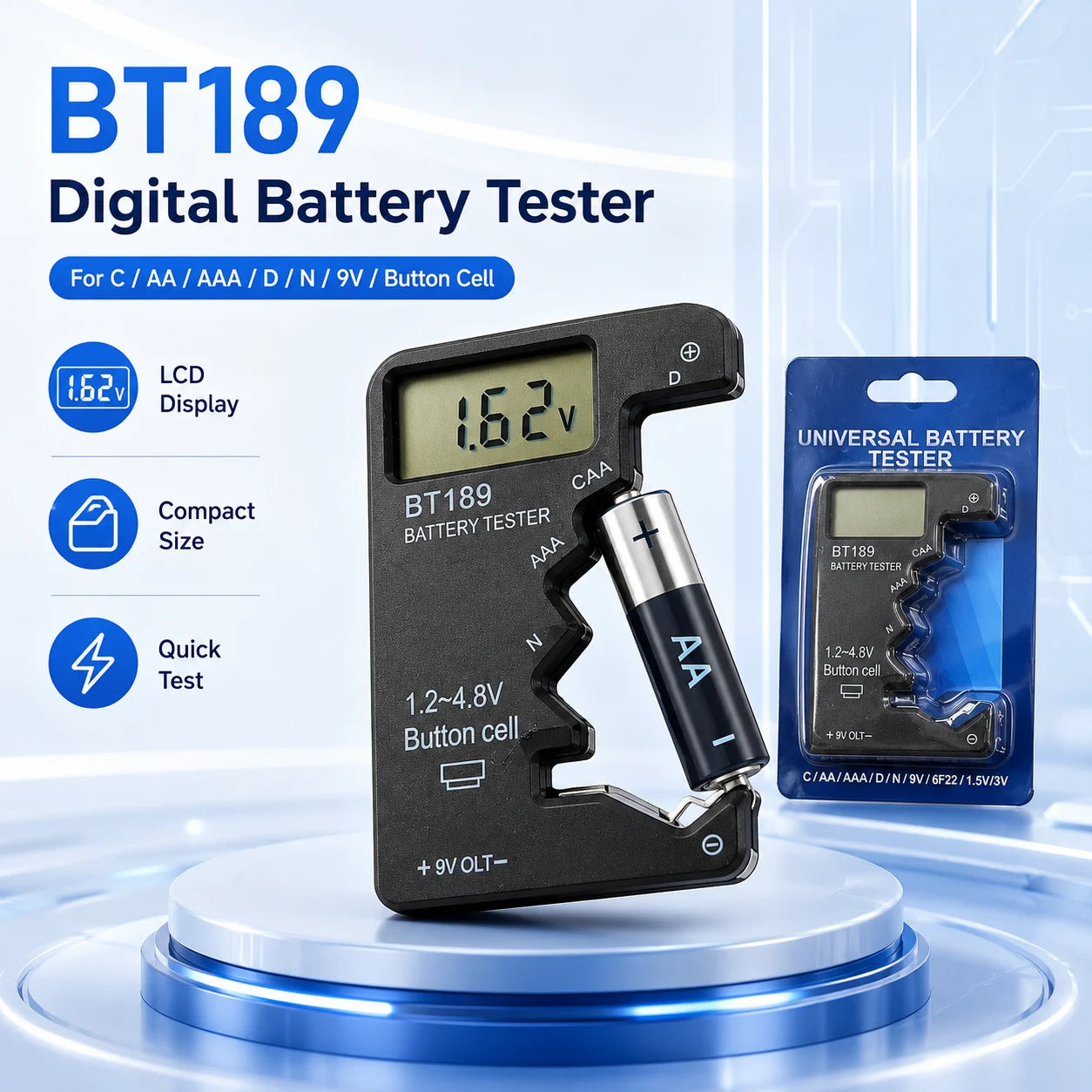 BT189 Digital Battery Tester LCD Voltage Checker for AA AAA C D 9V Button Cell Household Portable Power Measuring Tool Analyzer