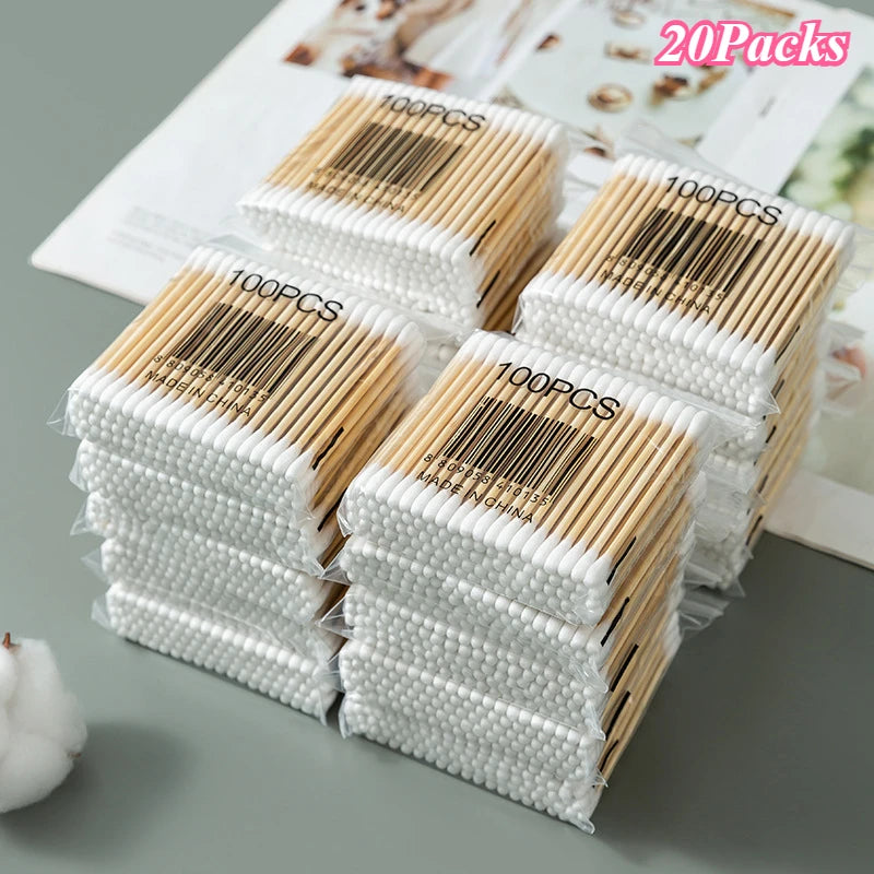 1 à 20 paquets de 100 bâtonnets en bois/paquet Coton-tiges pour bébés Nettoyage des oreilles Tampons Coton-tiges de santé et de beauté Bourgeons de coton de nettoyage