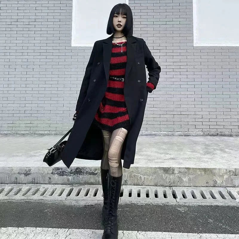 Nouveau Pull Long Unisexe Punk Gothique Été Femme Rayé Cool Creux Trou Cassé Pull Ample Rock Fin Sombre Streetwear Top