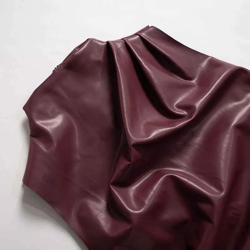 Burgundy Leather Tops Women Fashion Ruched Bodycon Crop Top Summer Sexy Sleeveless Irregular Night Club Party Tanks 2024 Black