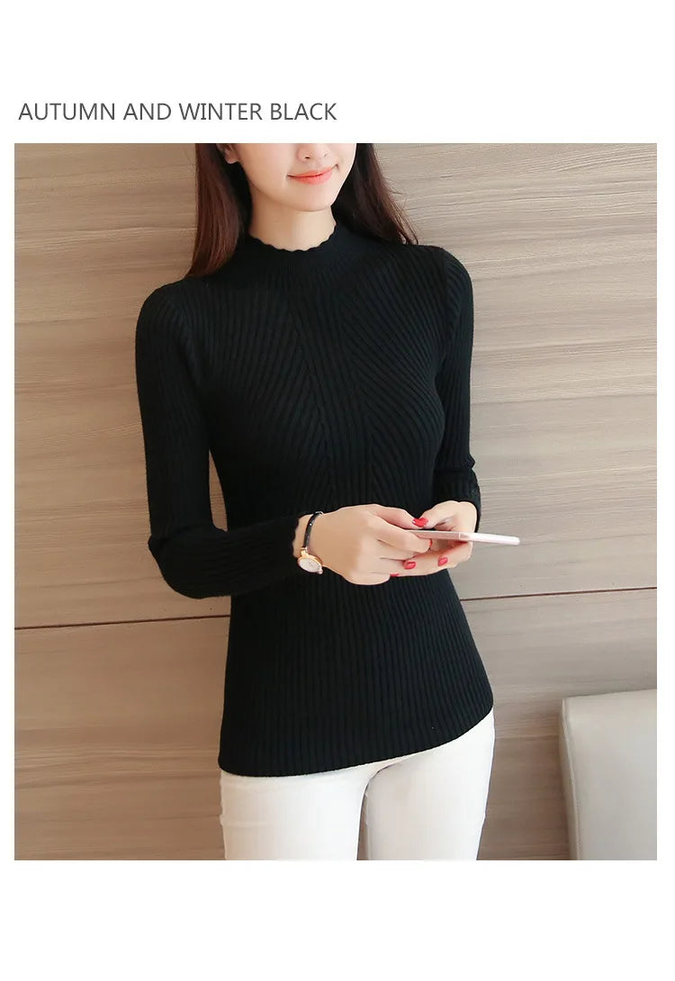 2026 Autumn Women Mock Neck Ruffles Sweater Long Sleeve Knitted Bottoming Solid Pullovers Stripe Women Casual Sweater Winter