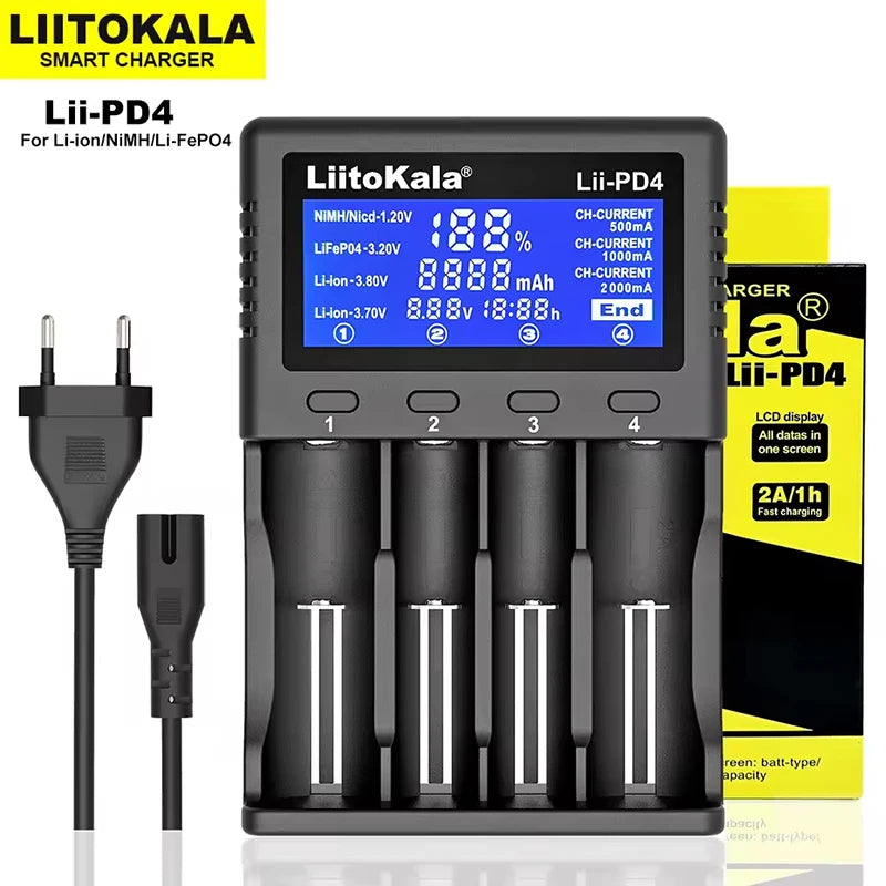 LiitoKala Lii-PD4 AC PD Charger LCD Fast Charging 4-Bay for LiFePO4 3.2V 21700/18650/AA/AAA Multi-Protection Auto-Detect