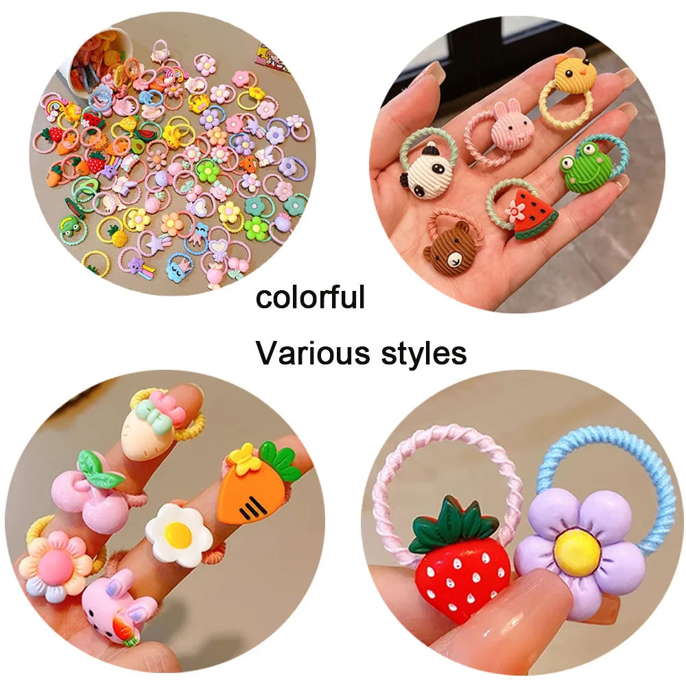 Cute Thumb Hair Ties For Girls,high Elasticity,cartoon Animal Flowers And Fruit Decorative Hair Band,sweet Girl Hair Rope