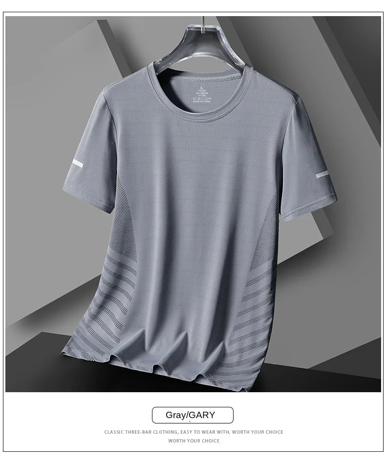 Laufendes T-Shirt Herren Sommer Eisseide Dünnes Oberteil Reflektierender Druck Schnell Trocknend Kurzarm Atmungsaktives Fitness Sport T-Shirt 5XL