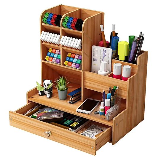 Wooden Desk Organiser DIY Desktop Tidy Pen Holder Large Capacity Stationery Storage Box with Drawer for Home Office and School - Shoppiline