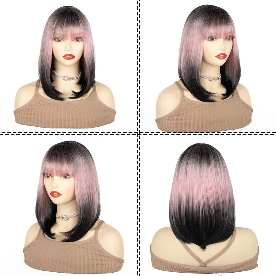 14 Inch Chic Short Straight Pink to Black Gradient Wig with Bangs Synthetic Hair for Women, Perfect for Party Daily Use