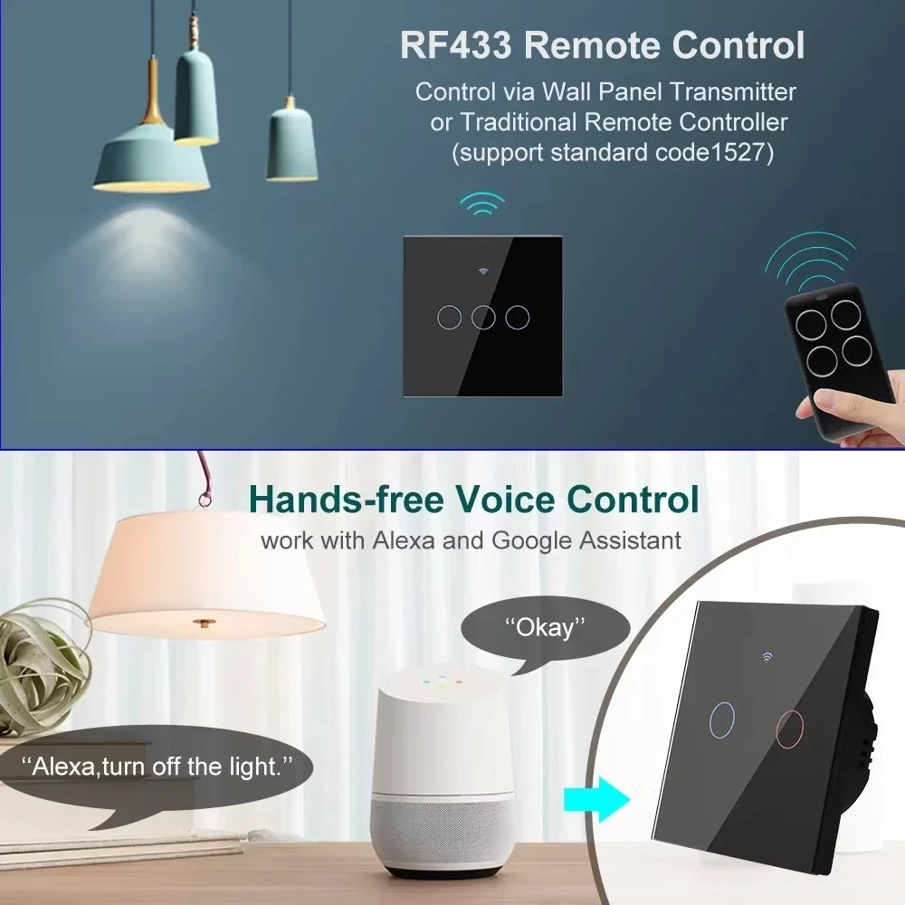 EU WiFi RF 433mhz Smart Wireless Touch Wall Light 1/2/3/4 Gang with Switch Button 220V with no Neutral EU Tuya Alexa Google - Shoppiline