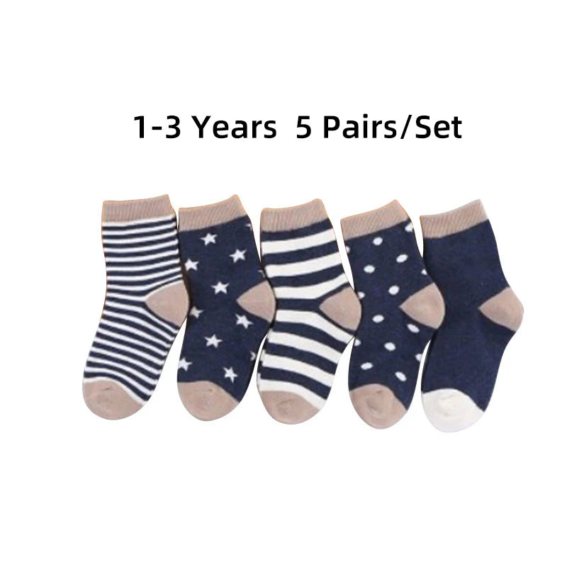 5 Paar Cartoon-Babysocken Frühling Herbst Streifen Punkte Mädchen Jungen Söckchen Weiche Kleinkind Kinder Kurze Socken