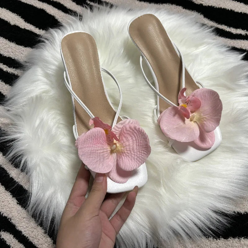Orchid Flower Summer New High Heeled Women White Pink Blue Purple Floral Heels Square Toe Prom Slipper Slingback Shoes for Women
