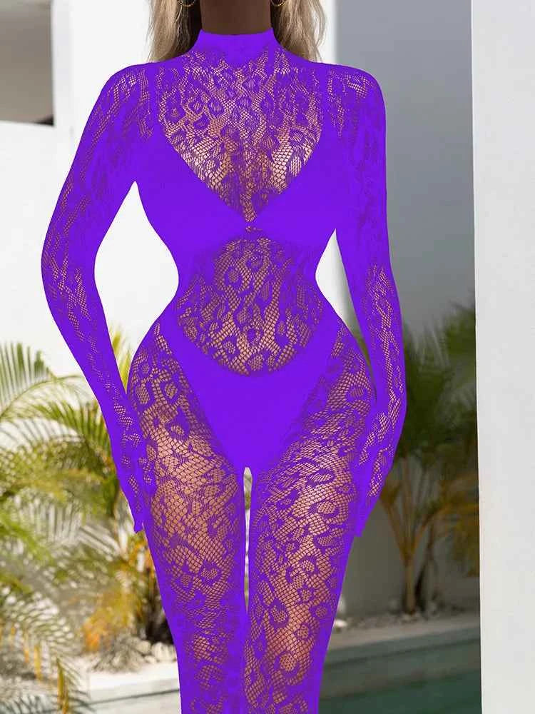 Sexy Lace See Through Bodysuit Long Sleeve Fishnet Jumpsuits Elastic Night Club Jump Suits for Women Sexy Pole Dancing Overalls