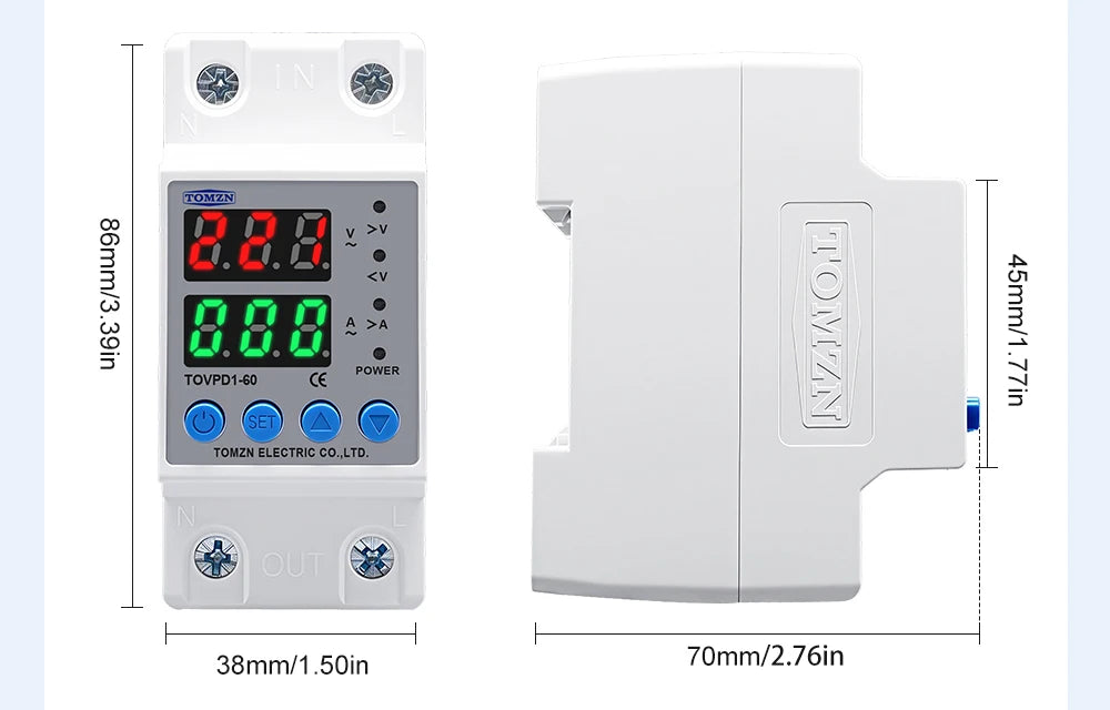 DIN Rail Dual Display Adjustable Over Voltage Current And Under Voltage Protective Device Protector Relay 40A 63A 80A 220V 230V