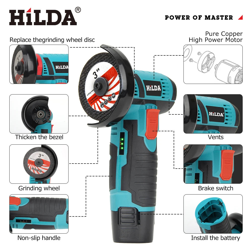 HILDA 3 inch Mini Angle Grinder 12v Cordless Power Tool For Cutting Diamond Polishing And Grinding Rechargeable Angle Grinder - Shoppiline