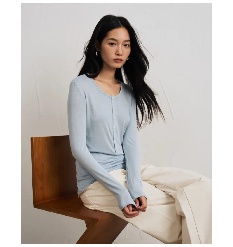 Silk Wool Basic Shirt For Women Autumn Winter Round Button Neck Slim Knitwear, Solid Color Striped Long Sleeve Top