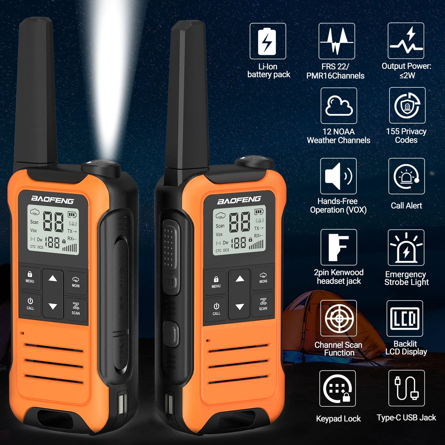 2pcs Baofeng F22 Mini Walkie Talkie PMR Long Range Rechargable Portable Kids Two Way Radio Type-C Charger for Camping Trip - Shoppiline