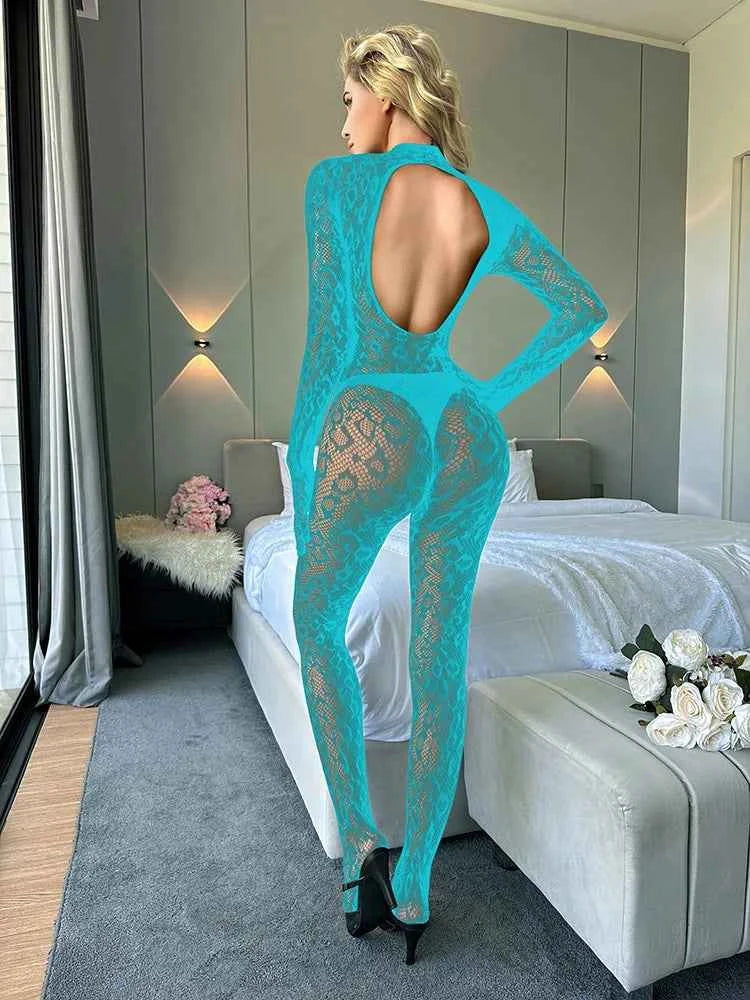 Sexy Lace See Through Bodysuit Long Sleeve Fishnet Jumpsuits Elastic Night Club Jump Suits for Women Sexy Pole Dancing Overalls
