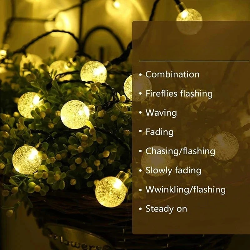 LED Solar Crystal Globe String Lights Warm White Light Outdoor Garden Patio Yard Pathway Party Decorative Fairy Light Waterproof