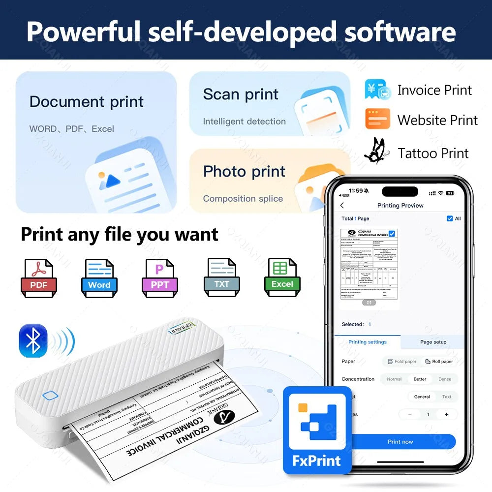 Portable A4 Thermal Printer Bluetooth Photos PDF Document Printing Machine Folded Rolls Paper For Office Work Home School Travel - Shoppiline
