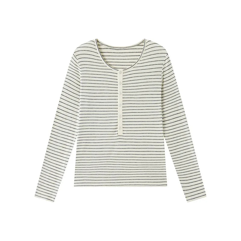 Silk Wool Basic Shirt For Women Autumn Winter Round Button Neck Slim Knitwear, Solid Color Striped Long Sleeve Top
