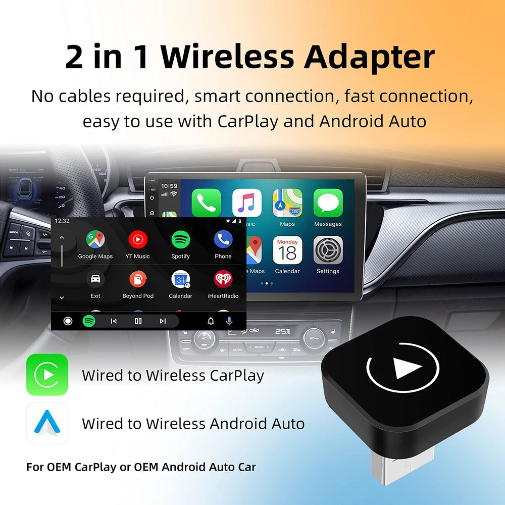 2in1 Wireless CarPlay Dongle Wireless Android Auto Adapter AI Smart Box Car Intelligent Systems For Car With Wired CarPlay - Shoppiline