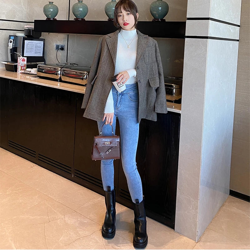 Nouveau pull élégant basique en maille unie pour femme, col roulé, manches longues, décontracté, coupe ajustée, mode simple et chic